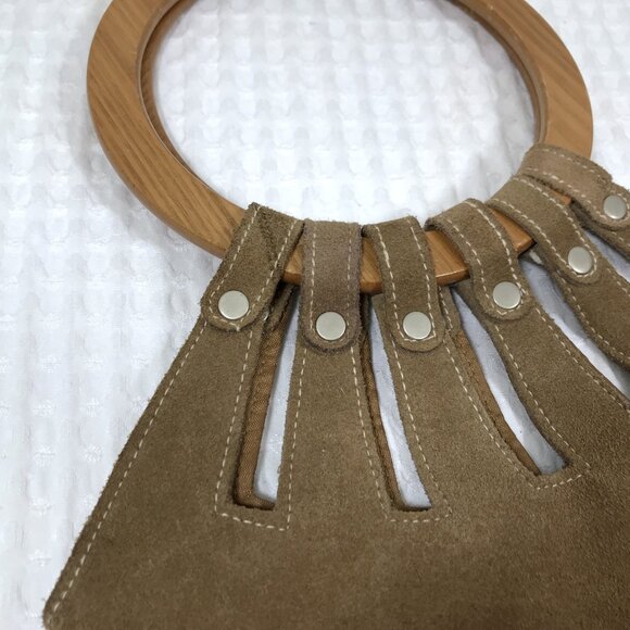 Vintage Suede Hobo Bag with Wooden Handle - Picture 8 of 9